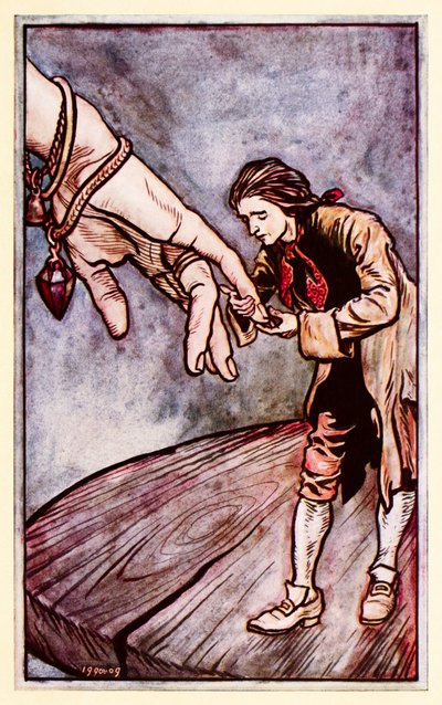 Gulliver besa la mano de la Reina de Brobdingnag, de la Parte II: Un viaje a Brobdingnag en Los viajes de Gulliver de Jonathan Swift de Arthur Rackham