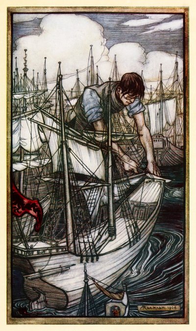 Gulliver captura la flota enemiga, de la Parte I: Un viaje a Lilliput en Los viajes de Gulliver de Jonathan Swift de Arthur Rackham
