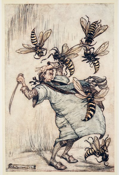 El combate de Gulliver con las avispas, de Los viajes de Gulliver de Jonathan Swift (1667 - 1745), pub. 1909 de Arthur Rackham