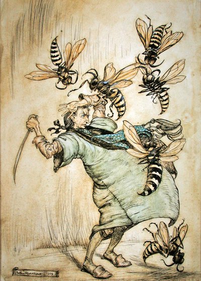 El combate de Gulliver con las avispas de Arthur Rackham