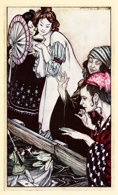 Encuentro de Gulliver con la rana, de la Parte II: Un viaje a Brobdingnag en Los viajes de Gulliver de Jonathan Swift de Arthur Rackham