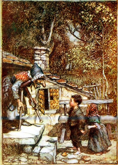 Hansel y Gretel y la Bruja en la puerta de su cabaña de Arthur Rackham