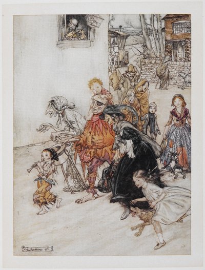 Los perros ladran". Una colección de personajes, entre ellos un bufón, ancianas y niños, paseando por las calles. de Arthur Rackham