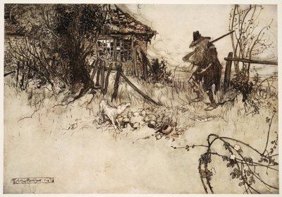 Encontró la casa en decadencia. Mi propio perro, suspiró el pobre Rip, me ha olvidado., de Rip Van Winkle por Washington Irving, pub. 1910 de Arthur Rackham
