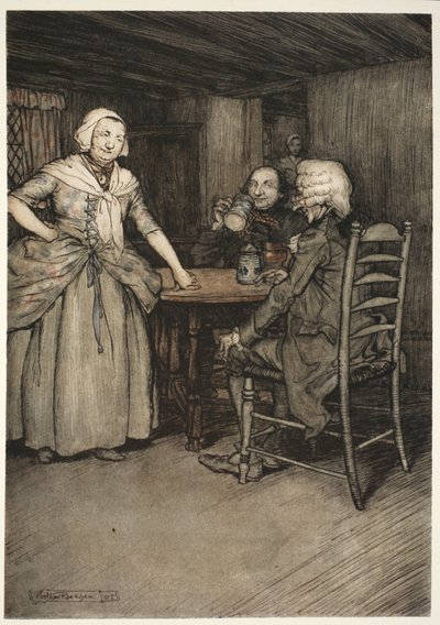 Encontró a los viejos burgueses, y aún más a sus esposas, ricos en ese amor legendario tan invaluable para la verdadera historia., de Rip Van Winkle por Washington Irving, pub. 1910 de Arthur Rackham