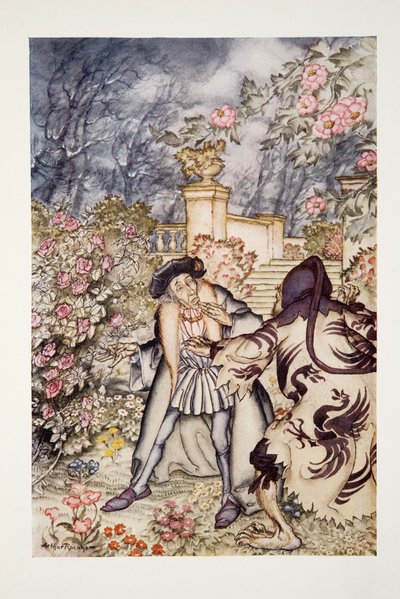 Oyó un fuerte ruido y vio venir hacia él una bestia tan espantosa que estuvo a punto de desmayarse de miedo, de The Arthur Rackham Fairy Book, pub. 1933 de Arthur Rackham