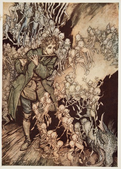 Tocó hasta que la habitación se llenó completamente de gnomos, de Hermanito y Hermanita y otros cuentos de los Hermanos Grimm, pub. 1917 de Arthur Rackham