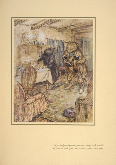 Al poco reapareció, algo polvoriento, con una botella de cerveza bajo cada brazo". de Arthur Rackham