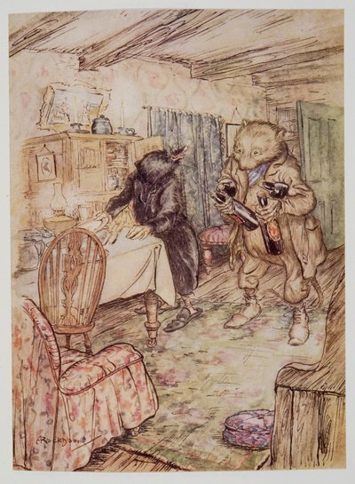 Apareció de nuevo, algo polvoriento, con una botella de cerveza en cada pata y otra bajo cada brazo, de El viento en los sauces de Kenneth Grahame (1859 - 1932), pub. 1940 de Arthur Rackham