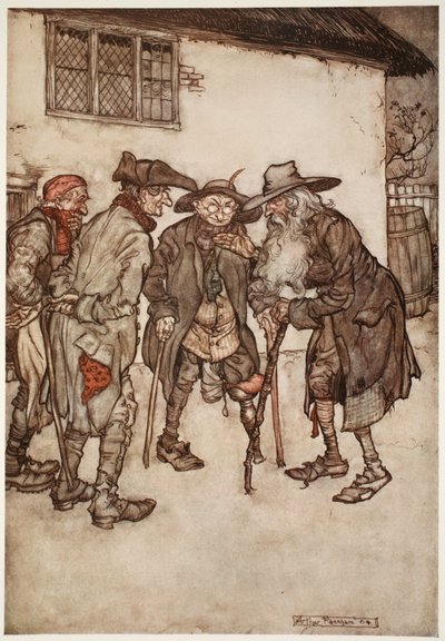 Pronto encontró a muchos de sus antiguos amigos, aunque todos bastante deteriorados por el desgaste del tiempo., de Rip Van Winkle de Washington Irving, pub. 1910 de Arthur Rackham