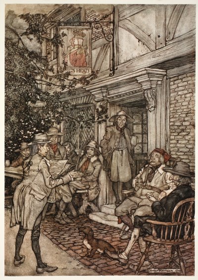 Solía consolarse frecuentando una especie de club perpetuo de sabios, filósofos y otras personas ociosas, que celebraba sus sesiones frente a una pequeña posada., de Rip Van Winkle de Washington Irving de Arthur Rackham