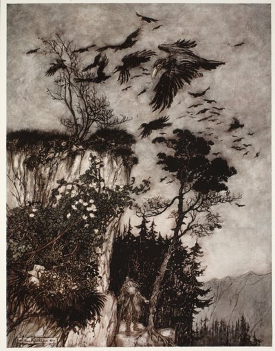 Solo fue respondido por una bandada de cuervos ociosos., de Rip Van Winkle por Washington Irving, pub. 1910 de Arthur Rackham