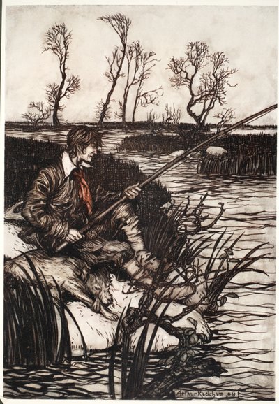 Se sentaba en una roca mojada y pescaba todo el día., de Rip Van Winkle de Washington Irving, pub. 1910 de Arthur Rackham