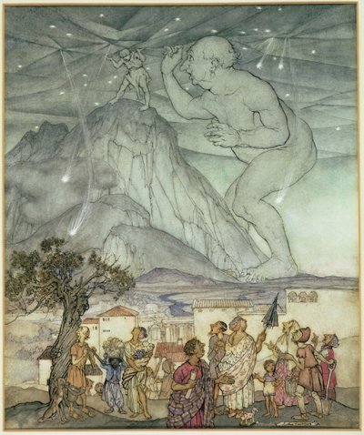 Hércules sosteniendo el cielo en lugar de Atlas de Arthur Rackham