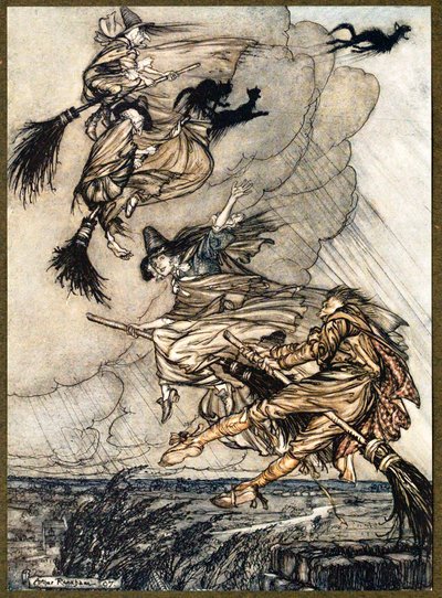 ¡Oye! ¡Arriba por la chimenea, chica! ¡Oye, después de ti!, de Las leyendas de Ingoldsby, pub. 1907 de Arthur Rackham