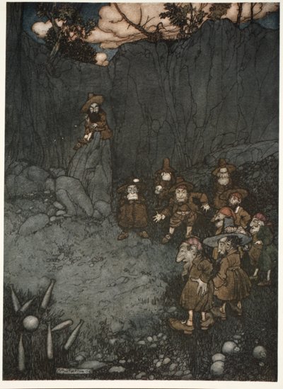 Su padre los había visto en sus viejos trajes holandeses jugando a los bolos., de Rip Van Winkle por Washington Irving, pub. 1910 de Arthur Rackham