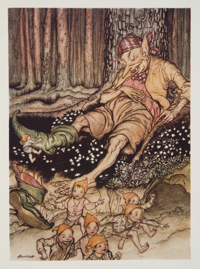 Pulgarcito se acercó al Ogro suavemente y le quitó las botas de siete leguas, de The Arthur Rackham Fairy Book, pub. 1933 de Arthur Rackham