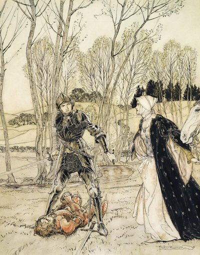 Cómo Beaumains derrotó al Caballero Rojo, y siempre la damisela le dijo muchas palabras feas de Arthur Rackham
