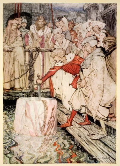 Cómo Galahad sacó la espada de la piedra flotante en Camelot, ilustración de 