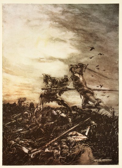 Cómo Mordred fue asesinado por Arturo, y cómo Arturo fue herido de muerte, ilustración del libro de Alfred Pollard 