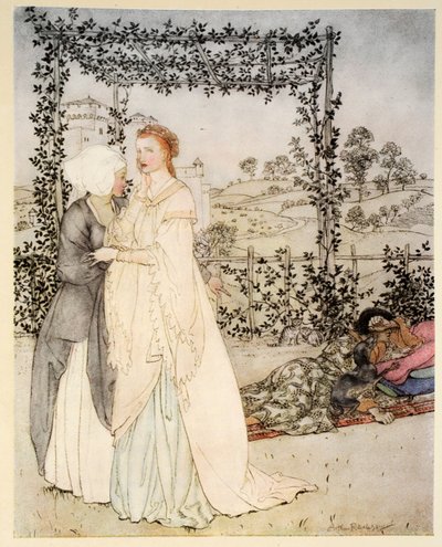 Cómo Tristram fue reconocido por el pequeño brachet en el jardín del castillo del Rey Mark, ilustración de 