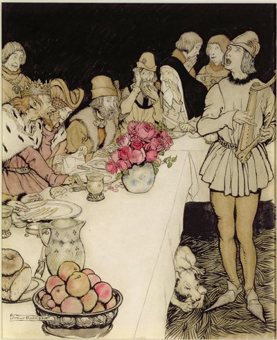 Cómo en un gran banquete que hizo el Rey Mark vino Eliot el arpista y cantó el lay que Dinadan había hecho de Arthur Rackham