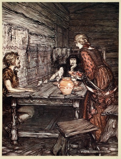 Hunding descubre la semejanza entre Siegmund y Sieglunde de Arthur Rackham