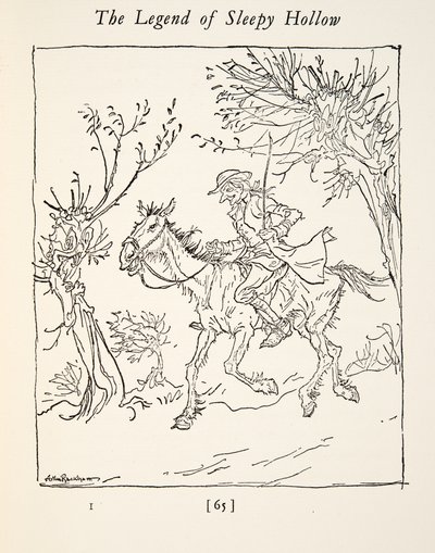 Ichabod Crane escapando del Jinete Sin Cabeza, de La leyenda de Sleepy Hollow de Washington Irving (1783 - 1859), pub. 1928 de Arthur Rackham