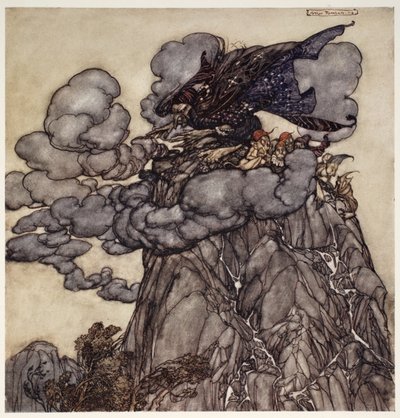 Si se disgustaba, preparaba nubes negras como la tinta, sentada en medio de ellas como una araña barrigona en medio de su telaraña; cuando estas nubes se rompían, ¡ay de los valles!, de Rip Van Winkle de Arthur Rackham