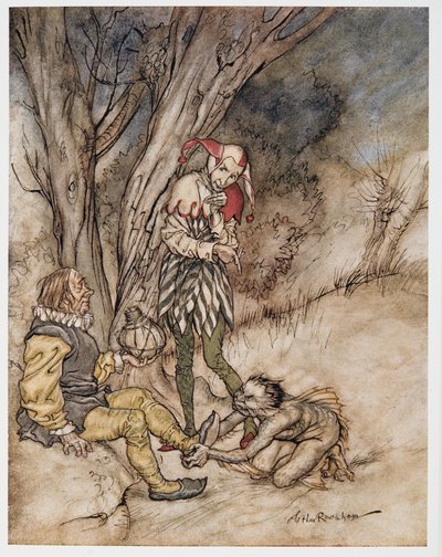 Besaré tu pie: Juraré ser tu súbdito, ilustración de La Tempestad de William Shakespeare, pub. 1926 de Arthur Rackham