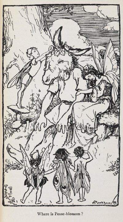 Ilustración de Sueño de una noche de verano con hadas y un hombre con cabeza de asno. de Arthur Rackham
