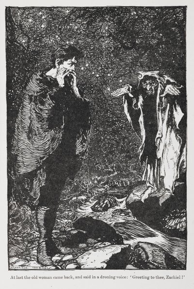 Ilustración de Jorinda y Joringel de Zachiel y la anciana. de Arthur Rackham