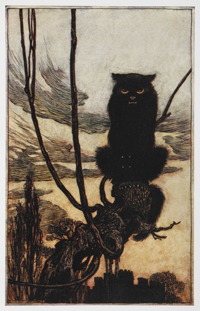 Ilustración de Jorinda y Joringel de un gato negro. de Arthur Rackham
