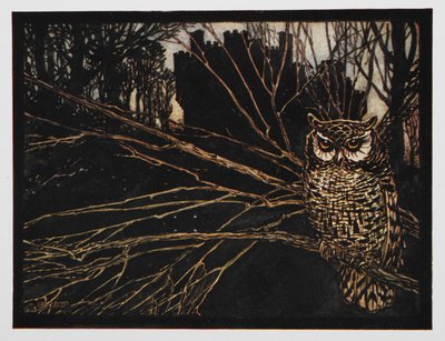 Ilustración de Jorinda y Joringel de un búho chillón. de Arthur Rackham