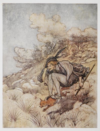 Ilustración de El pájaro de oro. Un príncipe montado en un zorro. de Arthur Rackham