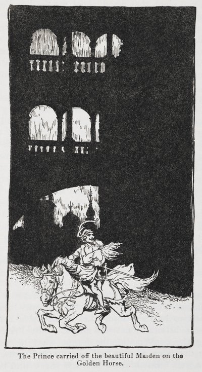 Ilustración de El pájaro de oro cuando el príncipe se lleva a la doncella a caballo. de Arthur Rackham