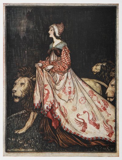 Ilustración de La dama y el león. de Arthur Rackham