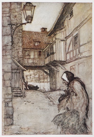 Ilustración de La paja, el carbón y la judía. de Arthur Rackham