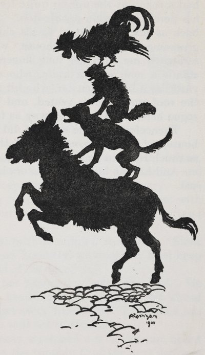 Ilustración de los Músicos de la ciudad de Bremen de un asno, un perro, un gato y un gallo. de Arthur Rackham