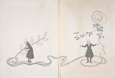 Ilustración de Scrooge. Por un lado se le representa con una ramita de acebo, agarrando una bolsa de dinero y con aspecto enfadado. En el otro, aparece con una ramita de muérdago y parece feliz. de Arthur Rackham