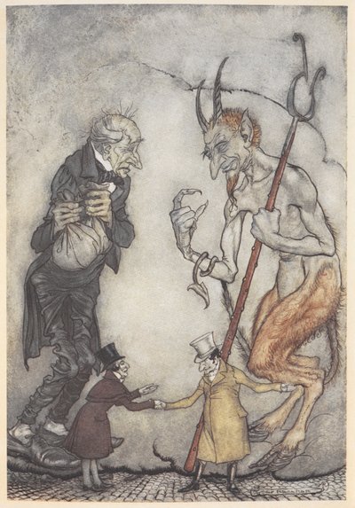 Ilustración de Scrooge y el diablo a dos hombres pequeños debajo de ellos de Arthur Rackham