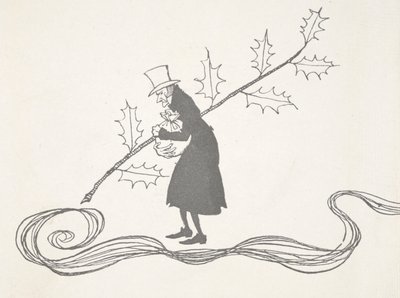 Ilustración de Scrooge, representado por una ramita de acebo, agarrando una bolsa de dinero y con cara de enfado. de Arthur Rackham