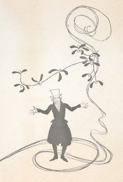 Ilustración de Scrooge, representado con una ramita de muérdago con aspecto feliz. de Arthur Rackham