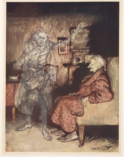Ilustración de Scrooge con el Fantasma de las Navidades Pasadas de Arthur Rackham