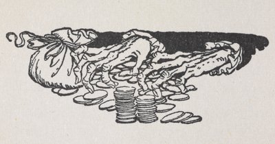 Ilustración de las manos de Scrooge contando dinero de Arthur Rackham