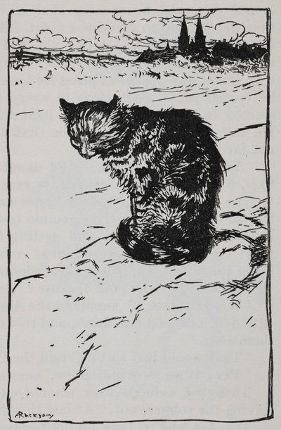 Ilustración de un gato de Los músicos de la ciudad de Bremen. de Arthur Rackham