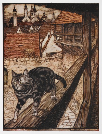 Ilustración de un gato caminando por una valla de El gato y el ratón en asociación. de Arthur Rackham