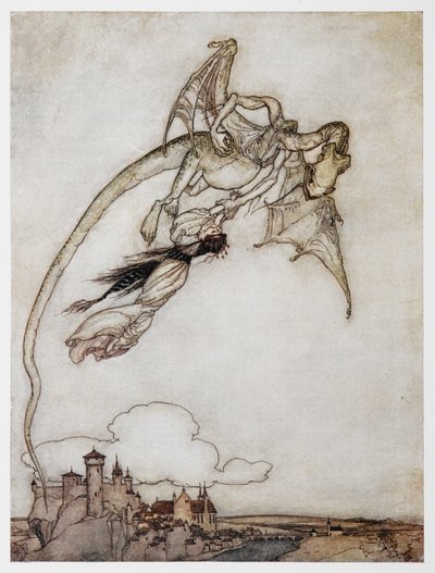 Ilustración de un dragón llevándose a la princesa de Los cuatro hermanos listos. de Arthur Rackham
