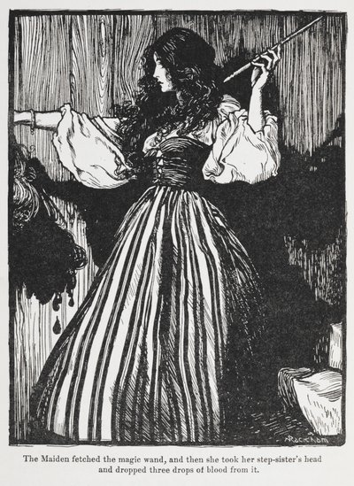 Ilustración de una niña con un vestido a rayas de Sweetheart Roland. de Arthur Rackham