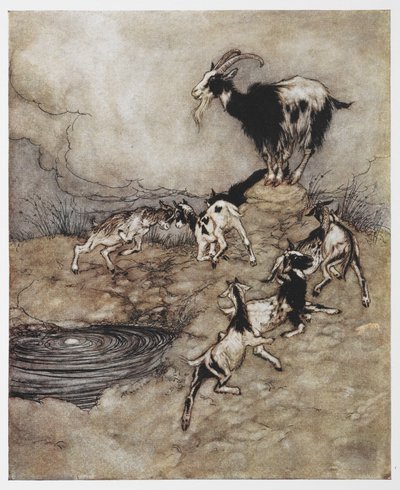 Ilustración de una cabra y sus cabritillos jugando de El lobo y los siete cabritillos. de Arthur Rackham